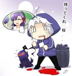  2boys ahoge animalization armor berserker_(fate/zero) blood butter-t chibi child closed_eyes dog fate/zero fate_(series) hair_ribbon hood hoodie matou_kariya matou_sakura multiple_boys o_o photo_(object) purple_hair ribbon smile translated trash trash_can uncle_and_niece white_hair younger 