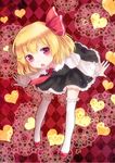  argyle argyle_background bad_id bad_pixiv_id bent_over blonde_hair bow chestnut_mouth dress fang hair_bow heart leaning_forward necktie nunucco red_eyes red_neckwear rumia short_hair slit_pupils solo thighhighs touhou white_legwear 