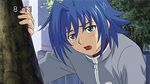  1boy animated animated_gif blue_eyes blue_hair cardfight!!_vanguard heavy_breathing leaning lowres male male_focus panting sendou_aichi solo tree 