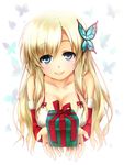  bare_shoulders blonde_hair blue_eyes boku_wa_tomodachi_ga_sukunai breasts bug butterfly butterfly_hair_ornament christmas cleavage detached_sleeves dress gift hair_ornament holding holding_gift insect kashiwazaki_sena large_breasts long_hair nfr smile solo 
