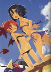  2girls :p asagi_(nippon_ichi) asagiri_asagi ass bikini black_hair blue_eyes butt_crack choker devil disgaea earrings etna harada_takehito jewelry kneeling long_hair looking_back mizugi multiple_girls navel official_art open_mouth pointy_ears prinny red_eyes red_hair scarf short_hair sky swimsuit tail tongue tongue_out twintails uncensored wings 