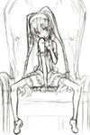  :p bare_shoulders detached_sleeves ekaterina_kurae finger_to_mouth graphite_(medium) hairband head_tilt highres kokutou-kuiuti lolita_hairband mixed_media monochrome naughty_face seikon_no_qwaser sitting sketch skinny solo spread_legs thighhighs throne tongue tongue_out traditional_media twintails 