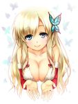  bare_shoulders blonde_hair blue_eyes boku_wa_tomodachi_ga_sukunai breasts bug butterfly butterfly_hair_ornament christmas cleavage detached_sleeves dress hair_ornament insect kashiwazaki_sena large_breasts long_hair nfr smile solo 