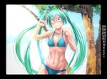  abs angry aqua_bikini aqua_eyes aqua_footwear aqua_hair aqua_nails bikini blush breasts clenched_hands clenched_teeth commentary_request embarrassed groin hatsune_miku lens_flare long_hair nail_polish navel skindentation small_breasts solo swimsuit teeth toned twintails underboob very_long_hair viewfinder vocaloid wokada 