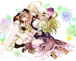  bike_shorts blonde_hair blue_flower blue_rose boots bow brown_hair creature detached_collar dress elize_lutus flower green_eyes green_flower green_rose hairband hand_on_head kneeling koougi leia_rolando long_hair milla_maxwell multicolored multicolored_rose multiple_girls purple_flower purple_rose red_eyes ribbon rose shirt short_hair sitting smile strapless tales_of_(series) tales_of_xillia taut_clothes taut_shirt teepo_(tales) tubetop 