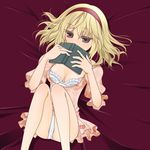  alice_margatroid black_eyes blonde_hair book bra breasts cleavage covering_face hairband lingerie lying nia_(littlestars) on_back panties short_hair small_breasts solo touhou underwear white_bra white_panties 