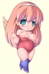  1girl angel aqua_eyes blush breasts chabo_(fuketsudan) character_request chibi hairband large_breasts long_hair nipples open_mouth red_hair simple_background solo swimsuit wings 