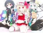  ascot asymmetrical_wings black_hair black_legwear blonde_hair blue_eyes bow buttons crop_top flandre_scarlet hat hat_bow houjuu_nue kneehighs komeiji_koishi midriff multiple_girls navel oouso panties red_eyes ribbon short_hair side_ponytail sitting skirt slit_pupils smile snake stage_connection thigh_ribbon thighhighs third_eye touhou ufo underwear wariza white_hair white_legwear wings wrist_cuffs 