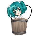  asahana_jun bucket chibi green_eyes green_hair hair_bobbles hair_ornament head_tilt in_bucket in_container kisume looking_at_viewer open_mouth short_hair simple_background smile solo touhou twintails 