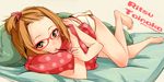  bare_legs barefoot bespectacled brown_eyes brown_hair character_name food forehead futon glasses high_ponytail k-on! looking_at_viewer lying on_side open_mouth pillow pillow_hug pocky polka_dot red-framed_eyewear sasetsu short_hair solo tainaka_ritsu 