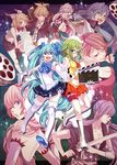  5girls aqua_eyes aqua_hair bespectacled blonde_hair blue_eyes blue_hair boots bow brown_hair clapperboard glasses gloves green_eyes green_hair gumi hair_bow hair_ornament hair_ribbon hairclip hatsune_miku highres ia_(vocaloid) kagamine_len kagamine_rin kaito kamui_gakupo long_hair megurine_luka meiko microphone microphone_stand multiple_boys multiple_girls navel open_mouth pink_hair ribbon short_hair skirt smile sword thigh_boots thighhighs twintails vocaloid weapon yamako_(state_of_children) 