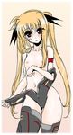  blonde_hair fate_testarossa flat_chest frapowa leotard leotard_pull long_hair lyrical_nanoha mahou_shoujo_lyrical_nanoha mahou_shoujo_lyrical_nanoha_a's mahou_shoujo_lyrical_nanoha_the_movie_2nd_a's navel nipples off_shoulder red_eyes ribbon solo thighhighs twintails undressing very_long_hair 