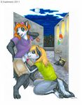  alley anthro barefoot black_fur blonde_hair blue_eyes canine clothed clothing couple duo eyewear female fur ginger_hair goggles green_eyes hair hindpaw kashmere kneeling licking male mammal multicolor_fur panties pawpads paws standing tongue two_tone_fur underwear white_fur 