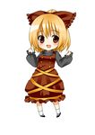  asahana_jun blonde_hair bow brown_eyes chibi dress hair_bow kurodani_yamame short_hair simple_background smile solo striped striped_legwear touhou vertical-striped_legwear vertical_stripes 