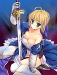  ahoge armor artoria_pendragon_(all) bankoku_ayuya blonde_hair breast_slip breasts fate/stay_night fate_(series) green_eyes kneeling medium_breasts nipple_slip nipples panties saber solo strap_slip sword underwear wardrobe_malfunction weapon 