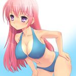  bikini breasts cleavage hand_on_hip large_breasts leaning_forward long_hair meow_(nekodenki) o-ring o-ring_top original pink_hair purple_eyes solo swimsuit 