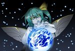  black_sclera bow cloud daiyousei earth giantess green_hair hair_bow hair_ornament insect_wings long_hair mazeran multicolored multicolored_eyes solo sphere star_(sky) touhou wings 