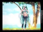  aqua_bikini aqua_eyes aqua_footwear aqua_hair aqua_nails belt bikini bikini_under_clothes breasts commentary_request denim fine_fabric_emphasis grass hatsune_miku jeans long_hair looking_away nail_polish navel ocean open_fly outdoors pants small_breasts solo swimsuit toned tree tree_shade twintails under_tree underboob undressing unzipped viewfinder vocaloid wokada 