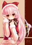  animal_ears bell cat_ears cat_tail english hand_on_own_face hat highres long_hair original pink_hair pom_pom_(clothes) red_eyes ribbon scarf shia_flatpaddy solo sweater syroh tail tail_bell tail_ribbon 