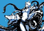  animal_ears blue blue_background breasts dog_ears hounori long_hair medium_breasts monochrome monster_girl navel no_nipples nude open_mouth saliva scyllei shinrabanshou simple_background smile solo tail tentacles wolf 
