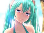  aqua_bikini aqua_eyes aqua_footwear aqua_hair bare_shoulders bikini blurry closed_mouth collarbone depth_of_field face halterneck hatsune_miku head_tilt lips long_hair looking_at_viewer portrait seductive_smile smile solo swimsuit twintails vocaloid wallpaper wokada 