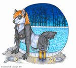  anthro black_fur blue_eyes breasts canine carowyn collaboration dog female fur ginger_hair hair_over_eye kashmere looking_at_viewer mammal multicolor_fur nipples nude pinup pool pose solo spa two_tone_fur water white_fur 
