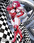  1girl biker_clothes bikesuit bodysuit boots breasts checkered cleavage elbow_gloves female fingerless_gloves full_body gloves hand_on_hip high_heels hips huge_breasts izayoi_aki jadenkaiba knee_high_boots large_breasts legs leotard looking_at_viewer pose red_eyes red_hair short_hair skin_tight skintight solo standing swimsuit thighs turtleneck yu-gi-oh! yugioh_5d&#039;s yuu-gi-ou_5d's zipper 