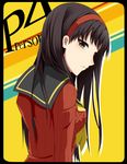  amagi_yukiko black_eyes black_hair frown hairband highres long_hair nemu_(nebusokugimi) persona persona_4 school_uniform solo sweater 