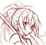  bare_shoulders close-up face food graphite_(medium) kokutou-kuiuti long_hair mahou_shoujo_madoka_magica mixed_media monochrome mouth_hold pocky ponytail sakura_kyouko sketch solo staring traditional_media wide-eyed 