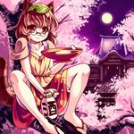  alcohol animal_ears architecture bloomers bottle brown_eyes brown_hair cherry_blossoms clog_sandals collarbone cup douji east_asian_architecture full_body full_moon futatsuiwa_mamizou glasses in_tree lantern leaf leaf_on_head moon night pince-nez raccoon_ears raccoon_tail red_eyes sakazuki sake short_hair sitting sitting_in_tree skirt smile solo stairs tail touhou tree tree_branch underwear 