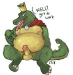  alligator anthro cape clothing conditional_dnp crocodilian crown donkey_kong_(series) feet king_k_rool lustylamb male nintendo nipples overweight overweight_male precum reptile scales scalie solo video_games 