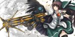  alternate_weapon arm_cannon black_hair black_wings bow breasts cape hair_bow long_hair medium_breasts panzer reiuji_utsuho skirt solo thighhighs touhou weapon wings 