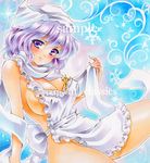  apron at_classics bare_shoulders blue_eyes blush breasts cleavage covered_nipples large_breasts lavender_hair letty_whiterock light_smile looking_at_viewer marker_(medium) naked_apron ornament sample short_hair solo touhou traditional_media watermark 