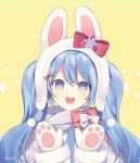  1girl :d animal_ears animal_hat bangs beanie blue_eyes blue_hair blush bow bunny_ears bunny_hat commentary english_commentary eyebrows_visible_through_hair hair_between_eyes hands_up hat hatsune_miku head_tilt jacket long_hair long_sleeves mittens open_mouth red_bow round_teeth silltare smile snowflakes solo sparkle teeth twintails twitter_username upper_body upper_teeth vocaloid white_hat white_jacket white_mittens yellow_background yuki_miku 