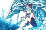  aqua aqua_hair barefoot beatmania beatmania_iidx bemani blue blue_hair bracer chain dragon dress hair_ornament jubeat long_hair maud profile red_eyes reko_(torinegi) sitting sleeveless sleeveless_dress twintails 