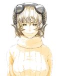  bad_id bad_pixiv_id brown_hair face headphones horns original ribbed_sweater shiba_itsuki short_hair simple_background smile solo sweater turtleneck white_background yellow_eyes 