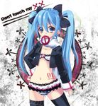  bad_id bad_pixiv_id blue_eyes blue_hair bra earrings hair_ribbon hand_on_hip hatsune_miku jacket jewelry kazahana lace lace-trimmed_panties lingerie long_hair mouth_hold navel no_pants panties ribbon scarf solo striped striped_panties tattoo thighhighs twintails underwear very_long_hair vocaloid 
