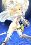  ahoge areolae armor artoria_pendragon_(all) ass blonde_hair bottomless breasts fate/stay_night fate/zero fate_(series) full_moon fusataka_shikibu gauntlets greaves green_eyes hair_ribbon long_hair looking_at_viewer looking_back masturbation medium_breasts moon night nipples no_panties ponytail pussy pussy_juice pussy_juice_trail ribbon saber solo sword thighhighs weapon white_legwear 