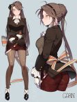  1girl absurdres alternate_costume bangs black_footwear blush bow braid breasts brown_hair closed_mouth coat collared_shirt commentary_request crossed_arms frills garin girls_frontline gloves green_eyes hair_ornament highres lee-enfield_(girls_frontline) long_hair multiple_views pantyhose red_coat red_skirt shirt skirt small_breasts smile solo uniform white_gloves white_shirt 
