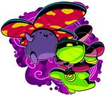  cradily creature flower gen_1_pokemon gen_3_pokemon glowing glowing_eyes highres jumping no_humans open_mouth poison pokemon pokemon_(creature) red_eyes sido_(slipknot) simple_background smile vileplume white_background yellow_eyes 