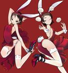  animal_ears arm_up ass baozi bare_shoulders brown_eyes brown_hair bunny_ears bunny_tail china_dress chinese_clothes cross-laced_footwear dress fake_animal_ears food hairband high_heels highres juggling lace lace-trimmed_thighhighs multiple_girls nakamura_tetsuya one_eye_closed original panties pantyshot red_background shoes short_hair side-tie_panties simple_background smile tail thighhighs underwear white_legwear white_panties wrist_cuffs 
