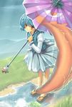  blue_hair karakasa_obake landre puddle purple_umbrella red_eyes short_hair skirt smile solo tatara_kogasa tongue touhou umbrella wet 