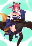  animal_ears bad_id bad_pixiv_id bare_shoulders bow breasts cleavage detached_sleeves fate/extra fate_(series) fox_ears fox_tail geta hair_bow hair_ribbon japanese_clothes medium_breasts pink_hair ribbon solo sound_tamashi tail tamamo_(fate)_(all) tamamo_no_mae_(fate) thighhighs twintails yellow_eyes 