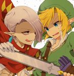  blonde_hair blue_eyes cape earrings ghirahim gloves hair_over_one_eye hat holding holding_sword holding_weapon jewelry left-handed link male_focus multiple_boys pointy_ears smile sword the_legend_of_zelda the_legend_of_zelda:_skyward_sword tobari_(brokenxxx) tongue weapon white_hair 