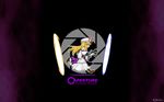  aperture_science_handheld_portal_device blonde_hair bloodycat boots character_name dress gun long_hair parody portal portal_(series) portal_2 purple_eyes ribbon smile solo text_focus touhou weapon yakumo_yukari 