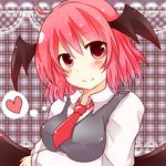  alternate_hairstyle bat_wings blush breasts chiya dress_shirt head_wings heart koakuma large_breasts long_sleeves necktie plaid plaid_background red_eyes red_hair red_neckwear shirt short_hair smile solo thought_bubble touhou vest wings 