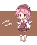  animal_ears boots brown_background brown_eyes chibi dress english full_body hat mystia_lorelei over-kneehighs pink_hair short_hair simple_background smile solo text_focus thighhighs touhou wings yamabuki_(yusuraume) zettai_ryouiki 