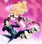  1girl :o aerialsoul bad_id bad_pixiv_id black_hair blonde_hair boots brown_eyes coat falling full_body gloves holding_hands jude_mathis long_hair milla_maxwell open_mouth pants pink_background purple_eyes shirt skirt sparkle strapless tales_of_(series) tales_of_xillia taut_clothes taut_shirt tubetop 