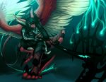  blue_eyes claws clothed clothing dragon fantasy feathers fire gloves hair plain_background scalie scythe solo tail weapon wings 