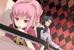  1girl anya_alstreim bad_id bad_pixiv_id blue_hair boots brown_eyes cccpo checkered checkered_background code_geass couch eating food fruit jeremiah_gottwald knights_of_the_round_uniform legs_up mouth_hold orange pink_eyes pink_hair short_hair smile 